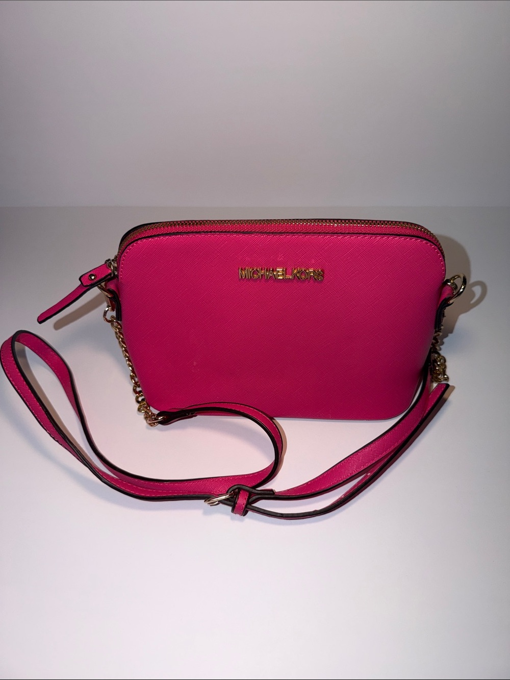 Fake Michael Kors Fuchsia Saffiano Crossbody with Gold Accents
